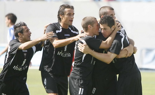 Los jugadores albaceteños celebran el primer tanto de los tres conseguidos ante el Leganés