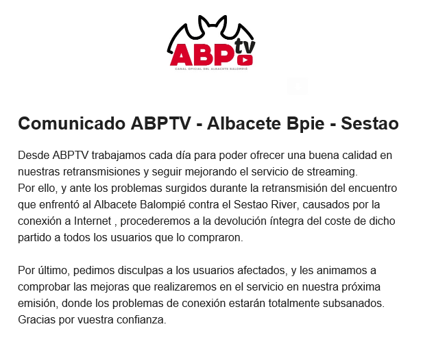 abptv devolverá el importe del encuentro Albacete Balompié - Sestao
