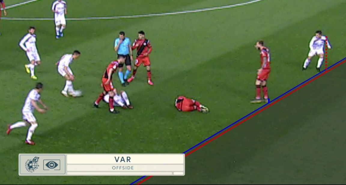 Imagen del VAR proporcionada por la RFEF que supuso la anulación del primer gol anotado por el Albacete ante el Rayo Vallecano