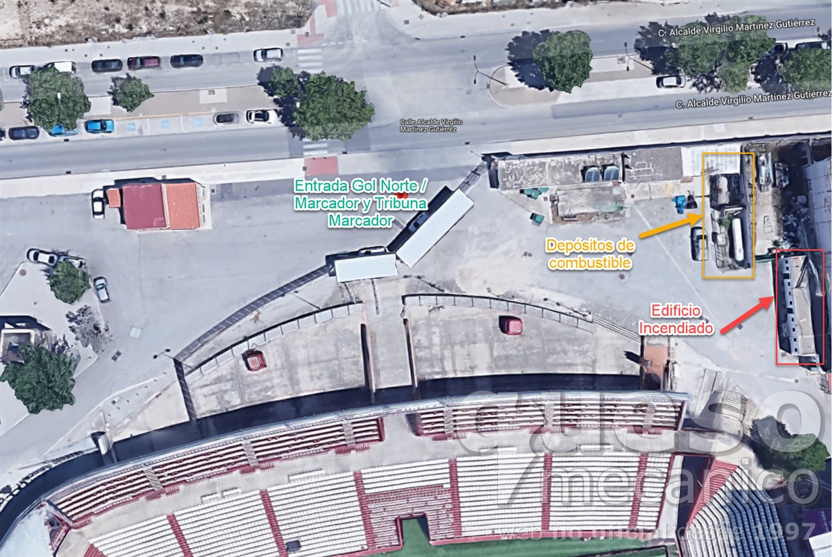 Localización del incendio en las instalaciones del Estadio Carlos Belmonte