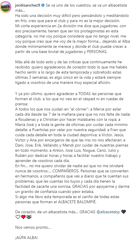 Texto completo con la despedida de Jordi Sánchez en instagram