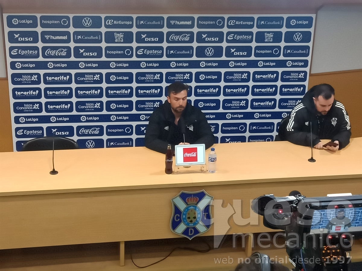 Rubén Albés, entrenador del Albacete, en la rueda de prensa post-partido en el estadio Heliodoro Rodriguez López de Tenerife